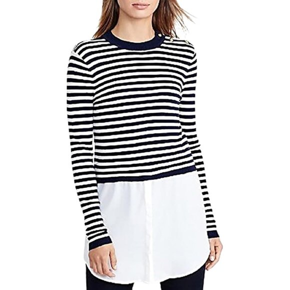 Lauren Ralph Lauren Womens Wool Striped Sweater Shirt Navy/Ivory Plus Size 1X - Picture 1 of 8